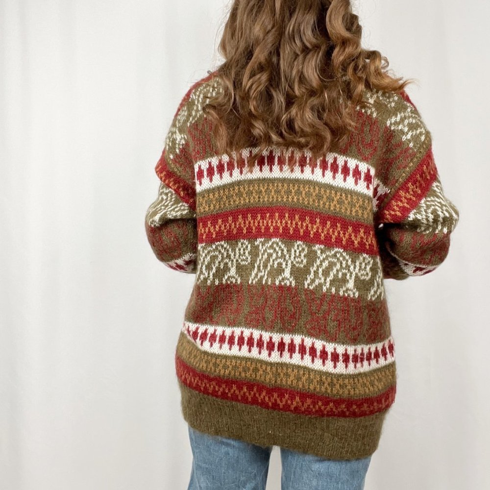 Vintage Oversized Mohair Wool Nordic Fair Isle Knit Christmas Cardigan Sweater - Picture 3 of 8